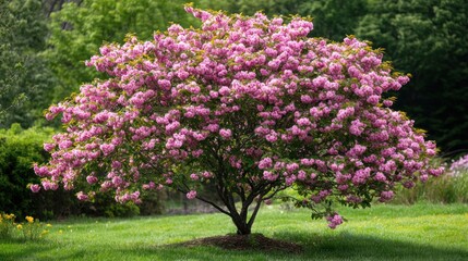 Blooming pink cherry tree in a lush green lawn.