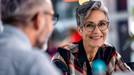 Fototapeta premium Smiling senior businesswoman discussing with a male colleague during a meeting in a creative office.