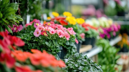 Fototapeta premium Vibrant ornamental plants and flowers in hydroponic nursery showcasing advanced gardening techniques and industrial horticulture practices