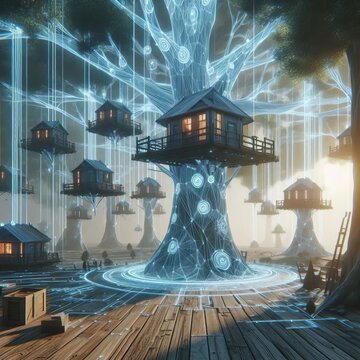 7 Holographic Treehouse Village A holographic depiction of a vil