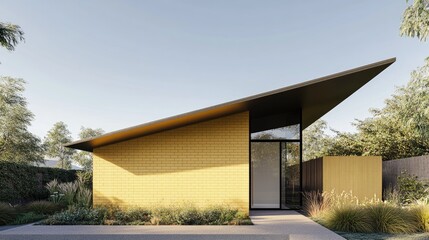 Fototapeta premium Modern architectural design of yellow brick house featuring gable roof and large glass door surrounded by landscaped greenery