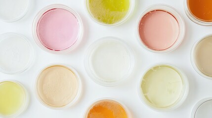 Naklejka premium Petri dishes with colorful organic skincare samples on white background for cosmetic research and natural medicine development in laboratory setting