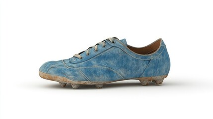 Worn blue futsal shoes on a white background showcasing vintage soccer sportswear detail and design