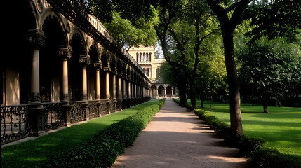 Obraz premium Serene university campus walkway with historic architecture and lush greenery