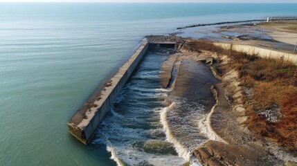 Water overflow and outflow channel at lake shore during bad weather highlighting flood management and environmental impact at water level rise