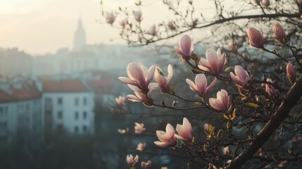 Pink magnolia blossoms on a tree with a cityscape background in Poland during a serene morning...