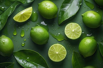 A top-down view of green limes and lime slices scattered on a wet green surface