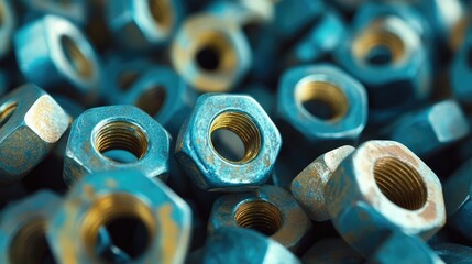 Close-up of rusty outdoor bolts and nuts affected by temperature fluctuations and weather conditions in a workshop setting.