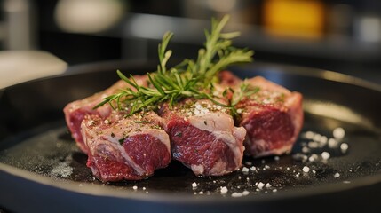 Freshly cut pork ribs garnished with rosemary on a black plate ready for cooking or grilling session in a modern kitchen setting.