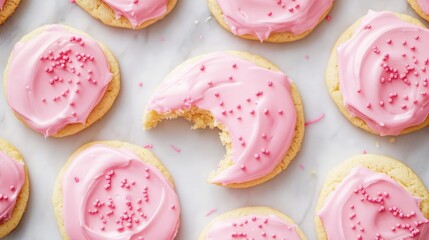 Overhead view of pink frosted sugar cookies with one cookie missing a bite showcasing their delicious texture and vibrant color