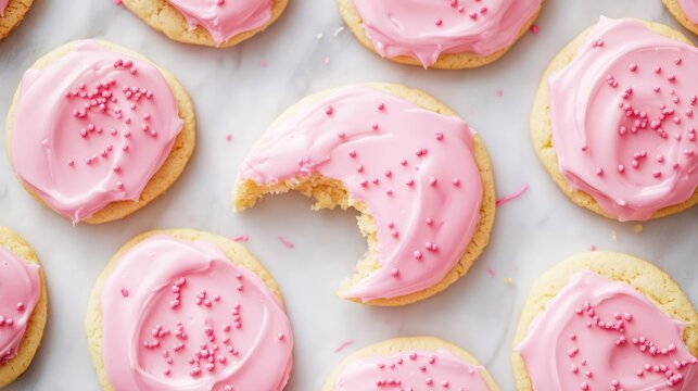 Overhead view of pink frosted sugar cookies with one cookie missing a bite showcasing their delicious texture and vibrant color