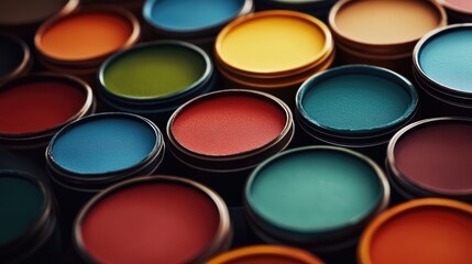 Fototapeta premium Vibrant close-up of assorted paint color samples in circular containers showcasing a spectrum of hues and textures for artistic design inspiration