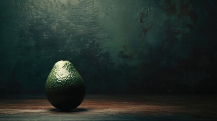 Ripe organic avocado positioned on a dark wooden table with a textured backdrop, emphasizing its vibrant green color, healthy eating, nutritious fruit, tropical concept, space for text.