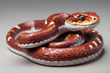 Obraz premium Close-up of a coiled red and white snake with detailed scales and pattern on a gray background.