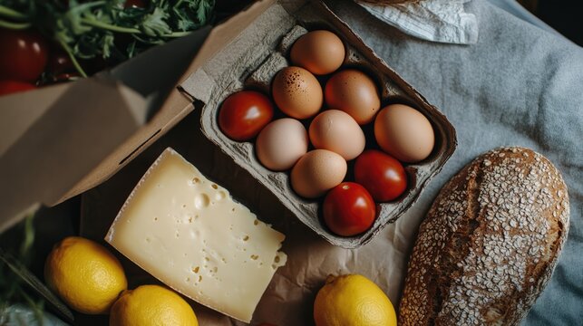Overhead view of assorted fresh groceries including eggs cheese tomatoes bread and lemons arranged on a kitchen countertop setting