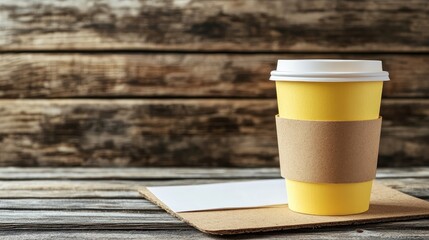 Yellow paper coffee cup with cardboard sleeve and blank notes on wooden table background for cafe or office branding concepts