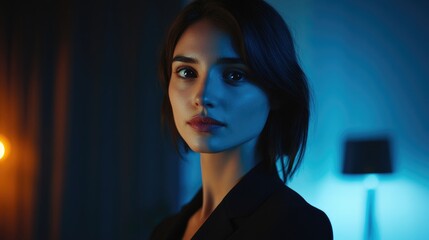 Professional businesswoman in dark setting confidently engages in video call showcasing remote communication and digital interview dynamics.