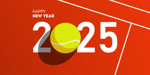 Happy new year 2025 celebration greeting card and social media post or banner design template in tennis or sport concept. Tennis ball on court. Vector 