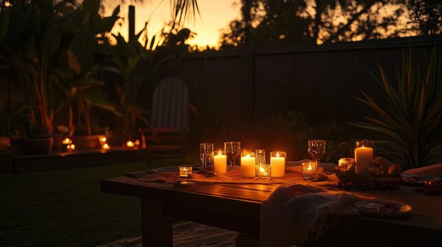 Elegant outdoor evening setting with candles and drinks creating a luxurious atmosphere for celebrations or social gatherings.