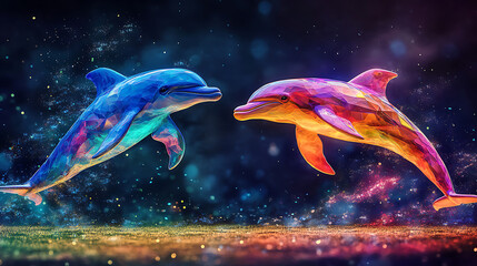 Two Vibrant Dolphins Leaping in a Cosmic Scene