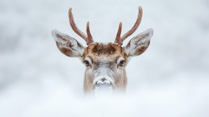 Obraz premium Red Deer Stag with antlers gazing directly at the camera in a snowy landscape during the rut season