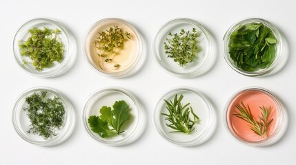 Petri dishes showcasing various plants and a cosmetic product arranged on a white background for botanical and skincare compositions