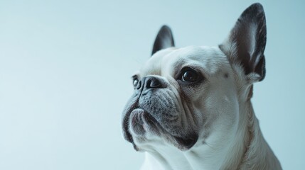 Close-up studio portrait of a cute white French bulldog against a minimalistic light background, focusing on its expressive features, pet photography, animal companions, portraiture.