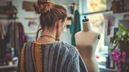 Fashion designer measuring materials on mannequin in stylish outfit in creative workspace with vibrant decor and natural light