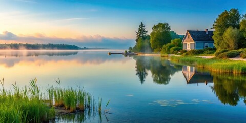 Obraz premium Serene Lake Shoreline at Dawn: Foggy Green and Blue Reflections in Northern Michigan's Burt Lake