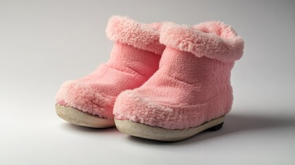 Soft pink plush child shoes with furry trim on a light background perfect for cozy winter outfits or baby photo shoots.