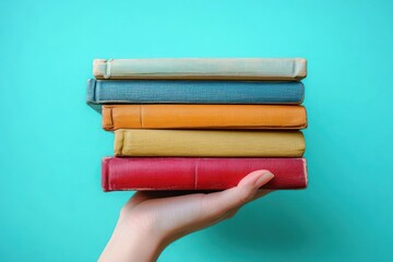 Hands Holding Colorful Pile of Books Against Light Blue Background Education Hobby Knowledge Reading Study