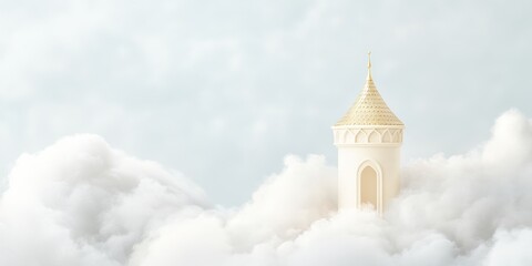 Golden Tower in the Clouds: A miniature castle with golden accents sits atop fluffy white clouds, bathed in soft blue light.  A whimsical image evoking dreams, aspirations.