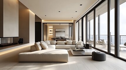 A contemporary interior with a beige L-shaped sofa, minimalist glass furniture, and oversized windows allowing soft sunlight to flood the space.
