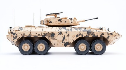 Fototapeta premium Beige military armored vehicle, six-wheeled, camouflage, side view, isolated on white.