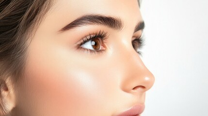 Close-up profile portrait of a young woman with brown eyes and flawless skin gazing thoughtfully to the side on a light background