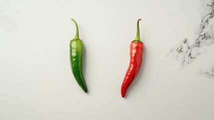 Red and green chili peppers displayed separately on a minimalistic white background for food and cooking themes