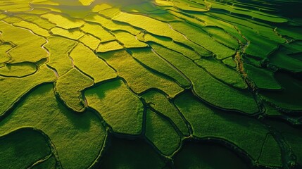 Aerial view of vibrant terraced paddy rice fields in the Central Highlands showcasing the lush landscape of Haute Matsiatra Region