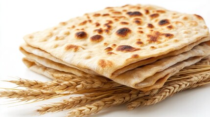 Fototapeta premium Wheat flour flatbread stacked on wheat stalks isolated on a white background showcasing traditional culinary elements