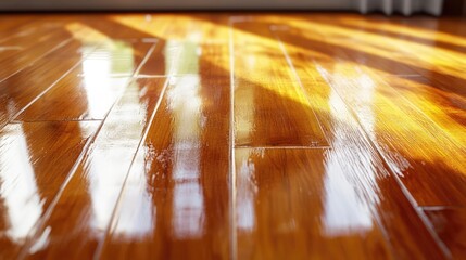 Shiny polished wooden floor with protective oil varnish reflecting sunlight in a modern interior setting