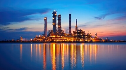 Obraz premium Petrochemical plant at night reflecting lights on water under a vibrant sunset sky with industrial features and infrastructure illuminated.