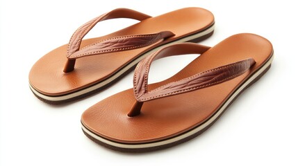 Fototapeta premium Brown flip flop sandals for women, isolated on a clean white background, featuring a sleek design with a textured strap, footwear, summer essentials, casual style.