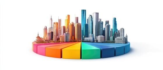 Obraz premium Cityscape on a colorful pie chart, illustrating urban development and market share.