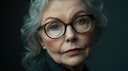 Serious portrait of an elderly woman wearing glasses against a muted grey background showcasing wisdom and experience in her expression