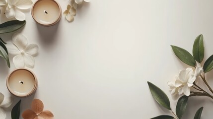 Elegant poster frame mockup with candles flowers and greenery on a minimalist white background for creative design and advertising use
