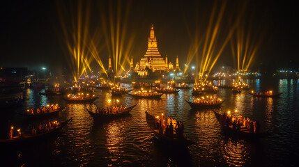 Obraz premium Wat Arun Light Festival, Wat Arun temple stands majestically with its unique architecture illuminated by golden spotlights, Ai generated images