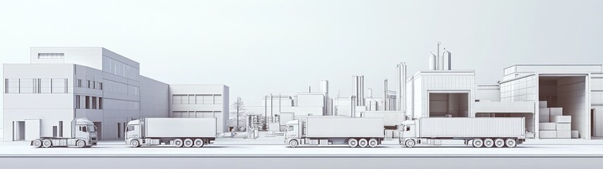 White model of industrial complex with trucks.