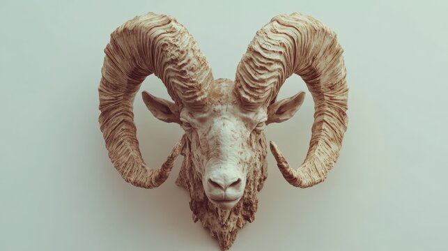 Realistic ram skull mounted on wall with prominent twisted horns showcasing natural textures and intricate details against a neutral background - Powered by Adobe