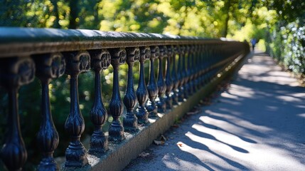 Abstract shadow of a vintage wrought iron railing on a sunlit pathway surrounded by lush greenery in a tranquil park setting