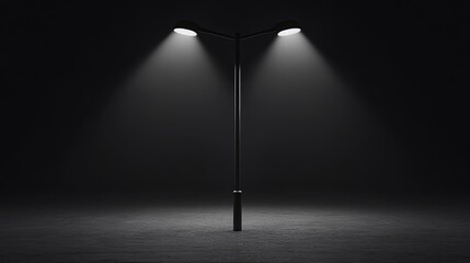 Symmetrical street lamp with dual spotlights illuminating a dark urban environment creating dramatic lighting effects