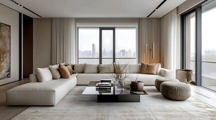 A contemporary living room with a low-profile white sectional sofa, a minimalist glass coffee table, and oversized windows offering an expansive cityscape view.
